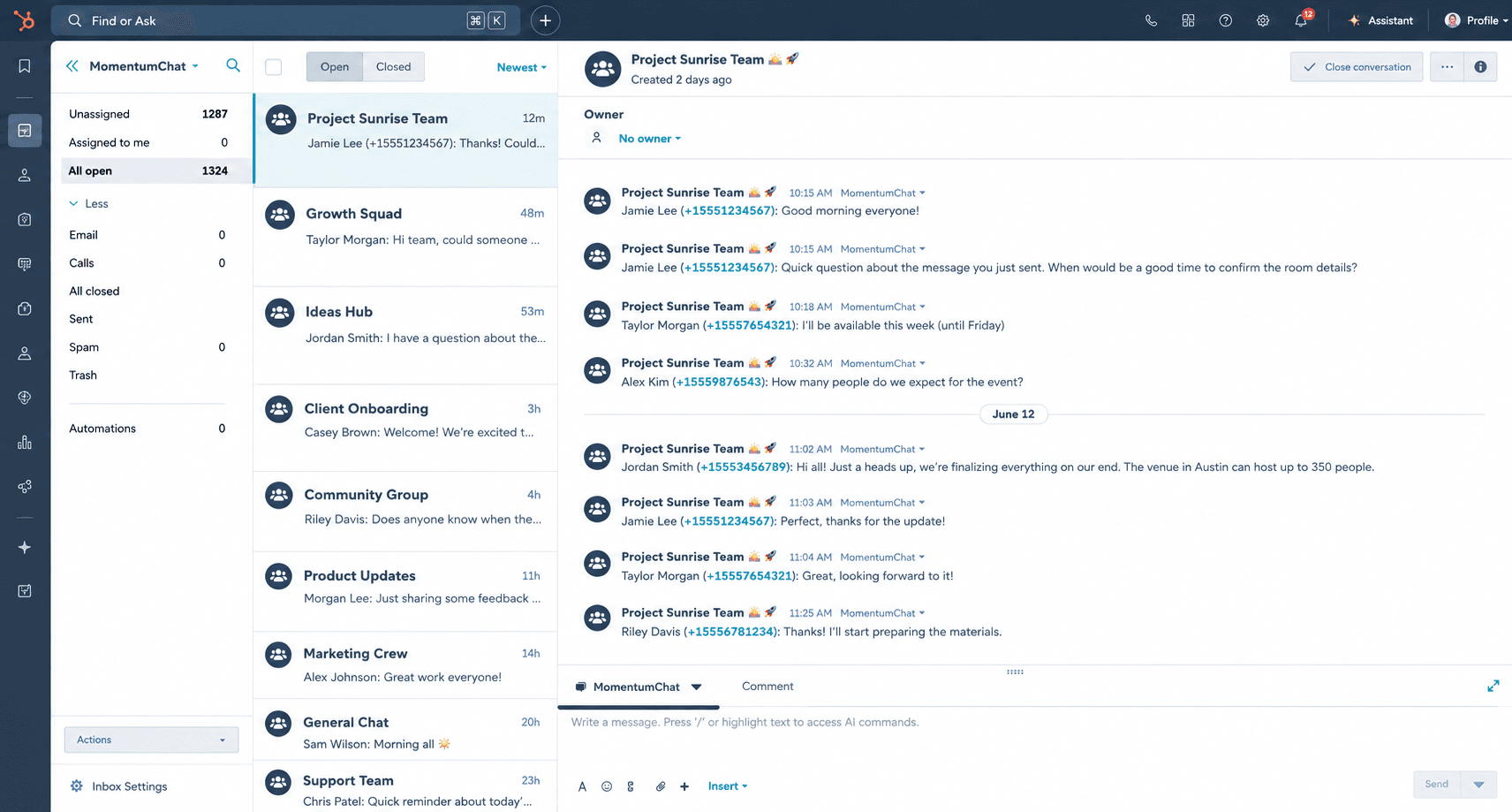 WhatsApp group conversations in HubSpot inbox