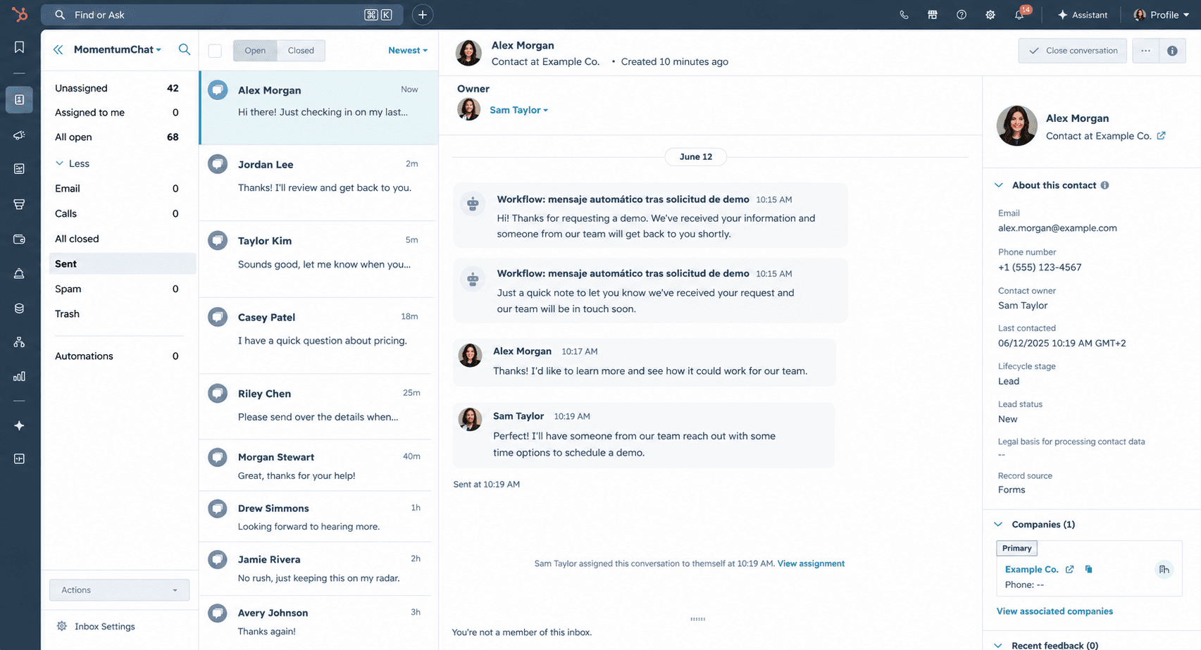 WhatsApp conversations inside HubSpot inbox